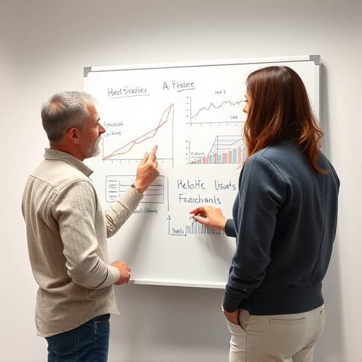 Deux personnes discutant autour d'un tableau blanc avec des graphiques.