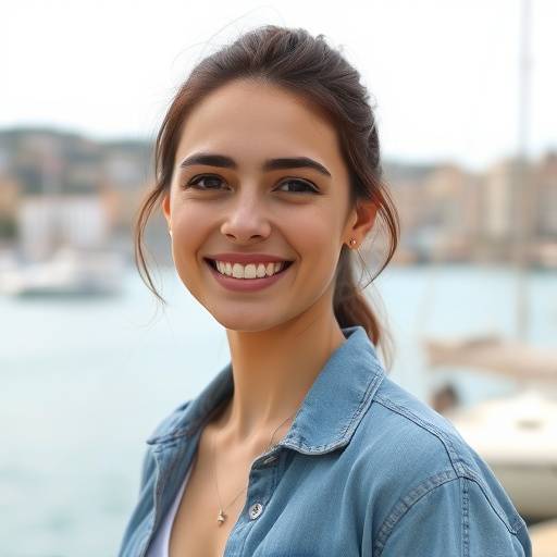 Portrait d'une jeune femme souriante sur le Vieux-Port de Marseille.